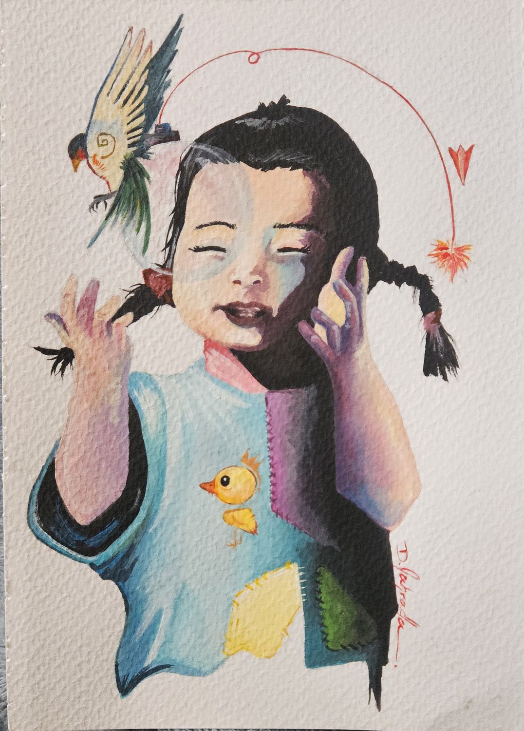 Antonella — retrato en acuarela de una niña con trenzas y pájaros.